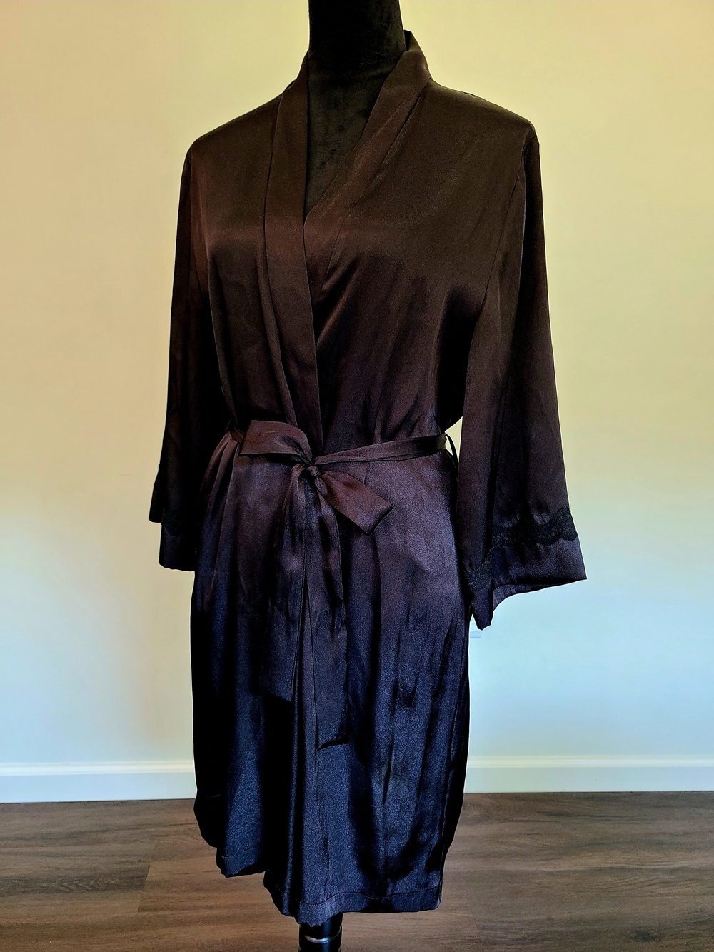 Gilligan & O'Malley Black Satin Wrap Robe with Tie Belt